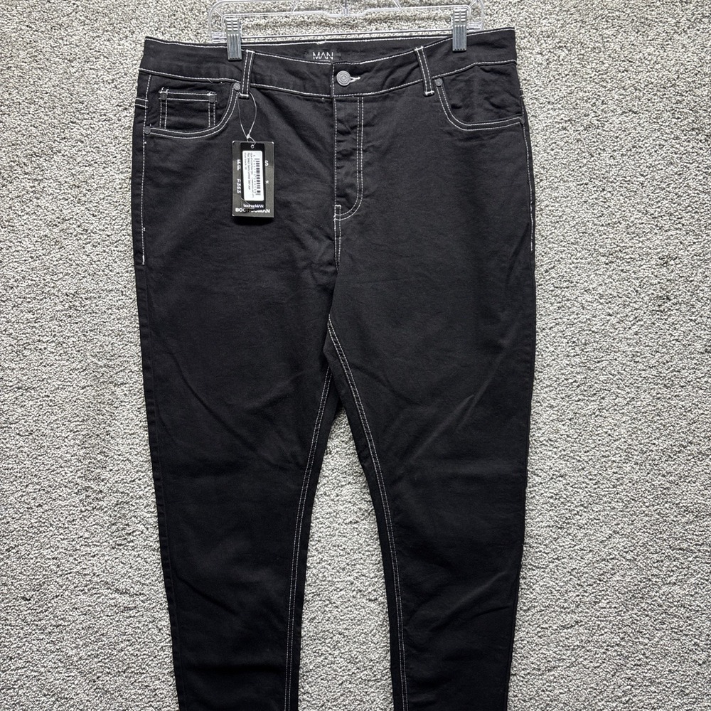 Boohoo Man 38x32 Skinny Stretch Mens Jeans Black Denim Button Fly Stitch NWT